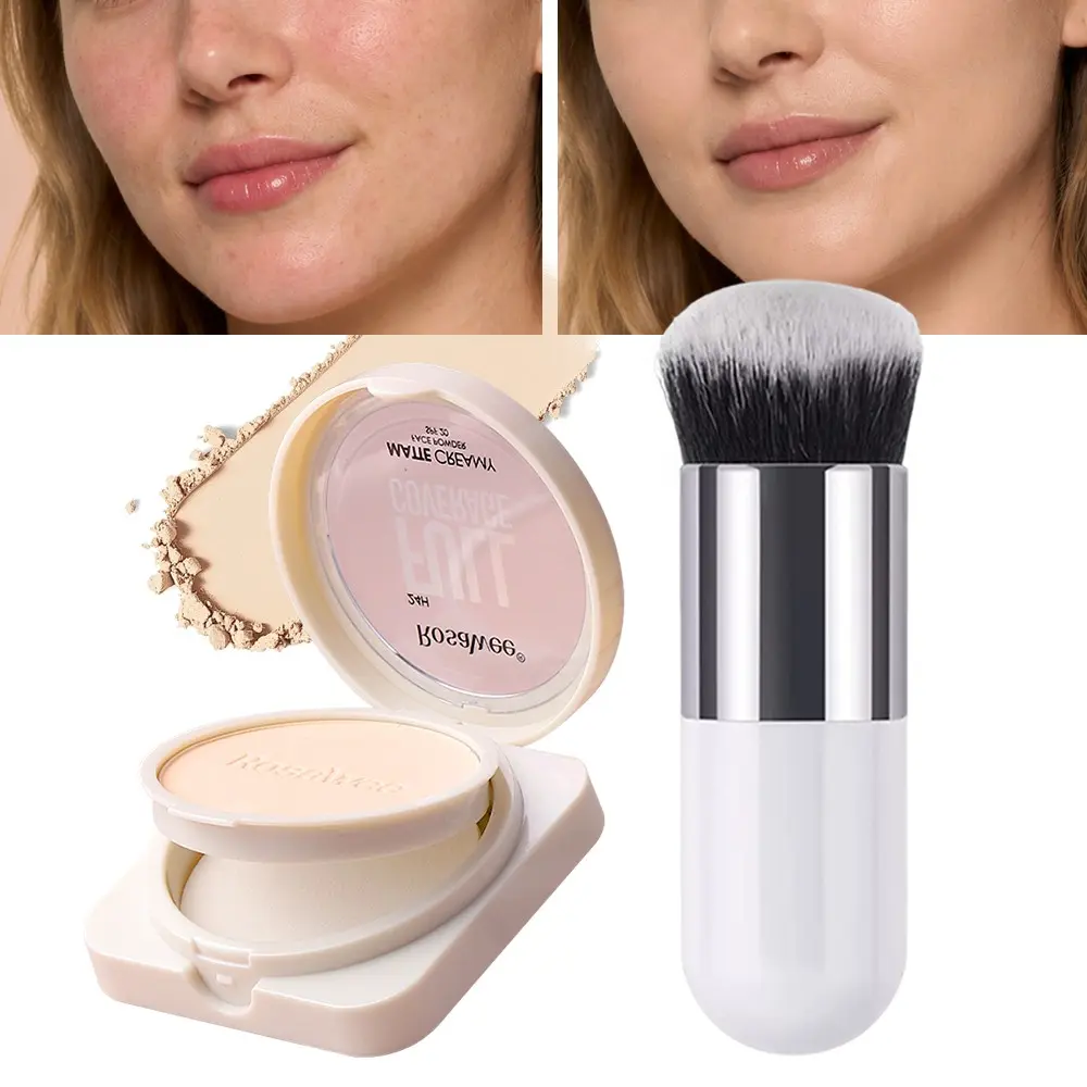 Matte Perfection Pressed Powder With Makeup Brush, Oil‑Absorbing Formula To Reduce Shine, Covers Redness, Pores And Spots, Light Non‑Drying Texture, Maintain Flawless Makeup Throughout The Whole Day