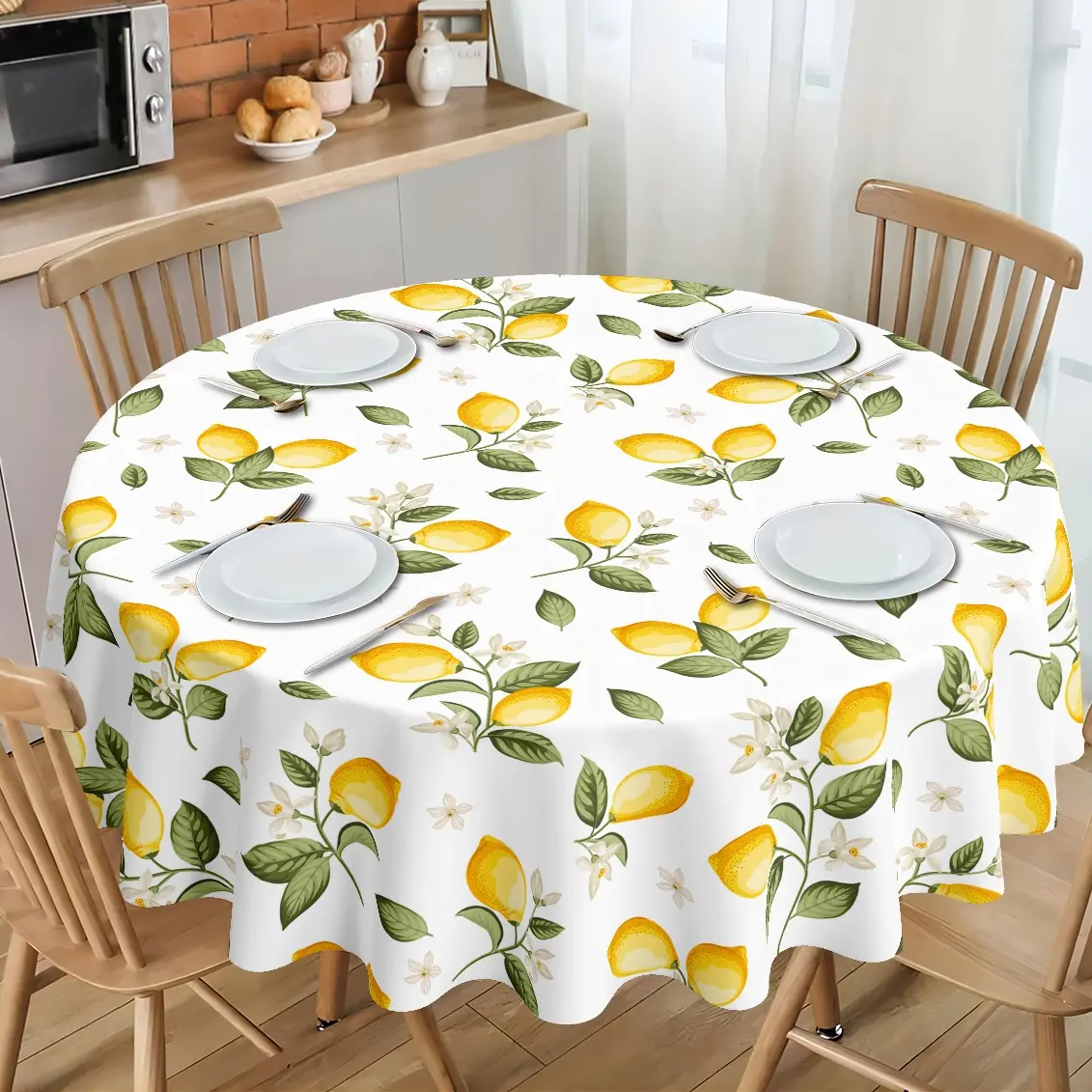 Bright Summer Lemon Print Tablecloth | Fresh Botanical Citrus & White Floral Pattern | Cottagecore Farmhouse Kitchen Dining Table Cover | Vibrant Yellow & Green Aesthetic Room Decor