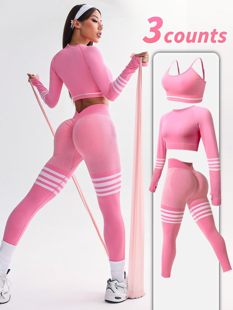 Women's Striped Print Sports Bra & Leggings & Crop Top Tracksuit Set, Sporty Breathable Comfy Outfits for Yoga Gym Workout Running, Ladies Sportswear for All Seasons, Athletic Activewear Tracksuits, Workout Running Clothes