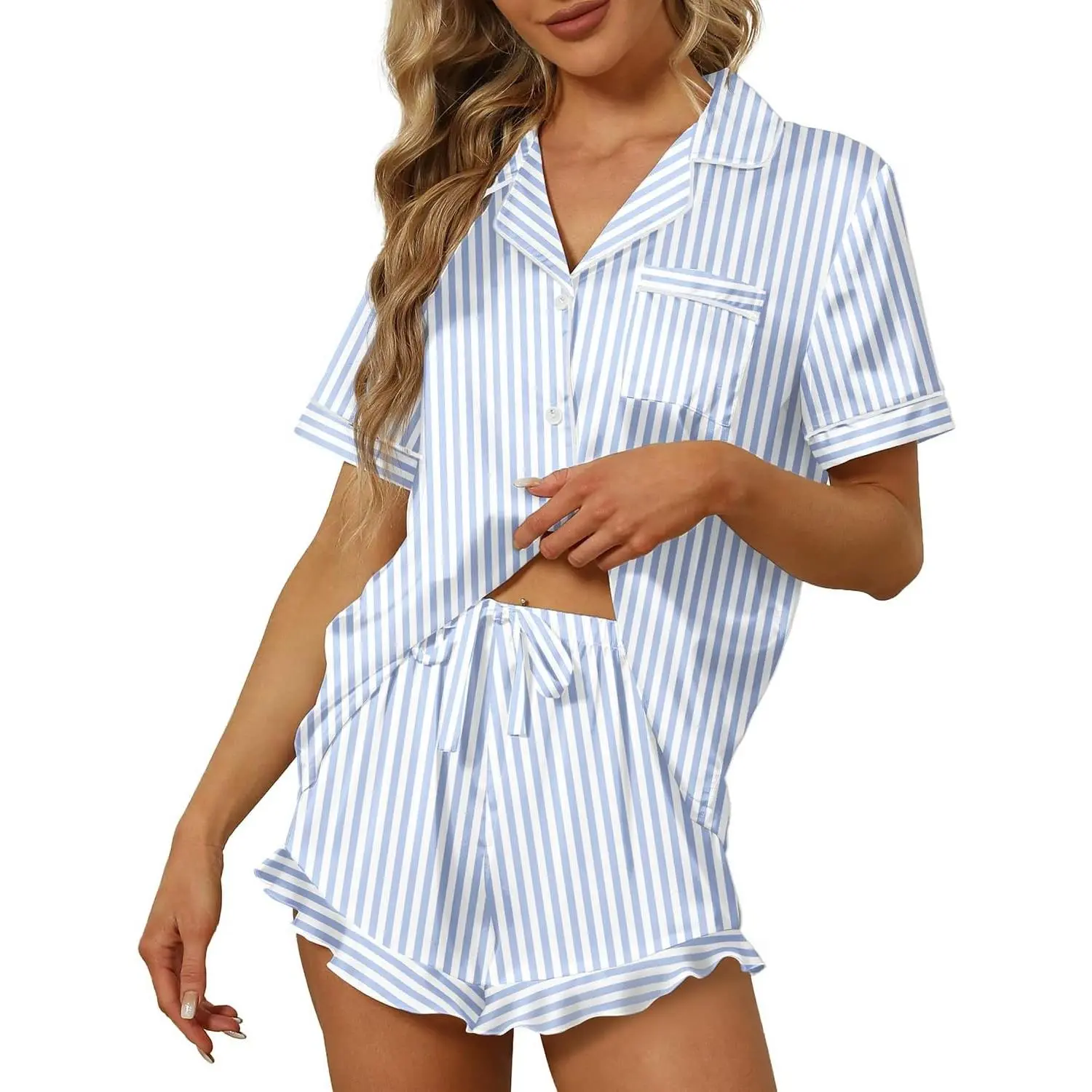 Silk Satin 2 Piece Pajamas Set for Women, Soft Ruffle Shorts, Short Sleeve Button-Up Top, Summer Sleepwear, Lounge Sets, Bridesmaid Wedding Party GiftsGift