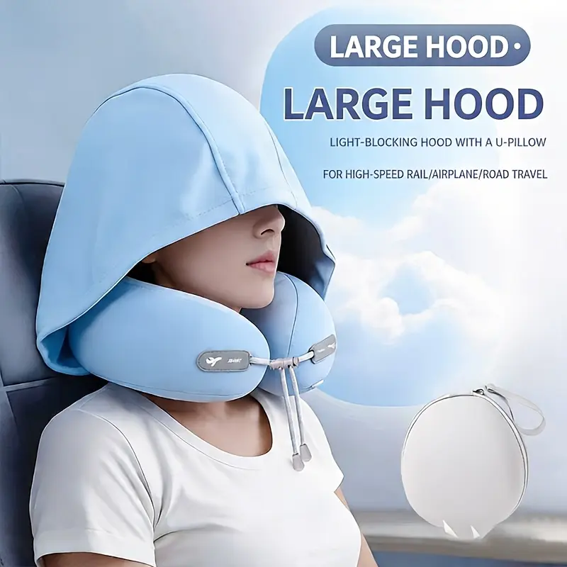 Summer Ice Fiber Hooded Travel Neck Pillow with Portable Storage Box Set Cool U-Shaped Compressed Design No Space Needed Curved Fits Neck for Business Travel