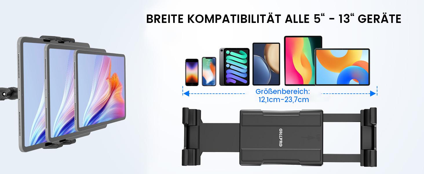 OHLPRO Tablet Holder Car, 360° Rotation Tablet Mounts, 18 cm, Extendable Arm + Washable Suction Cup, iPad Car Holder, Universal Windscreen & Dashboard for 5-13 Inch iPad, Sumsung, Smartphone