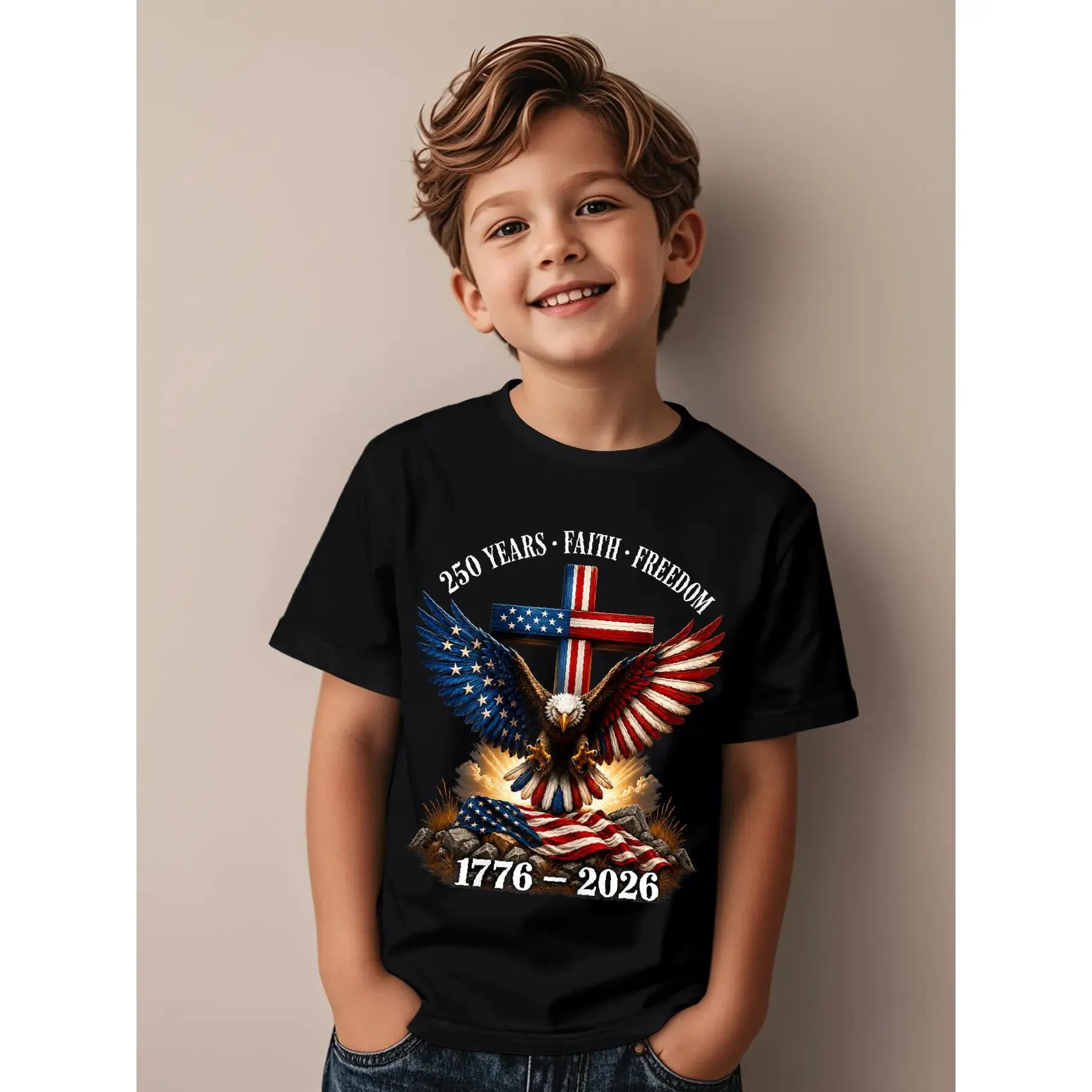 250th Anniversary USA Faith Freedom 4th of July Patriotic Funny Aesthetic Graphic Kid T-Shirt Cute Kid T Shirts Streetwear Tops Tees for Kid