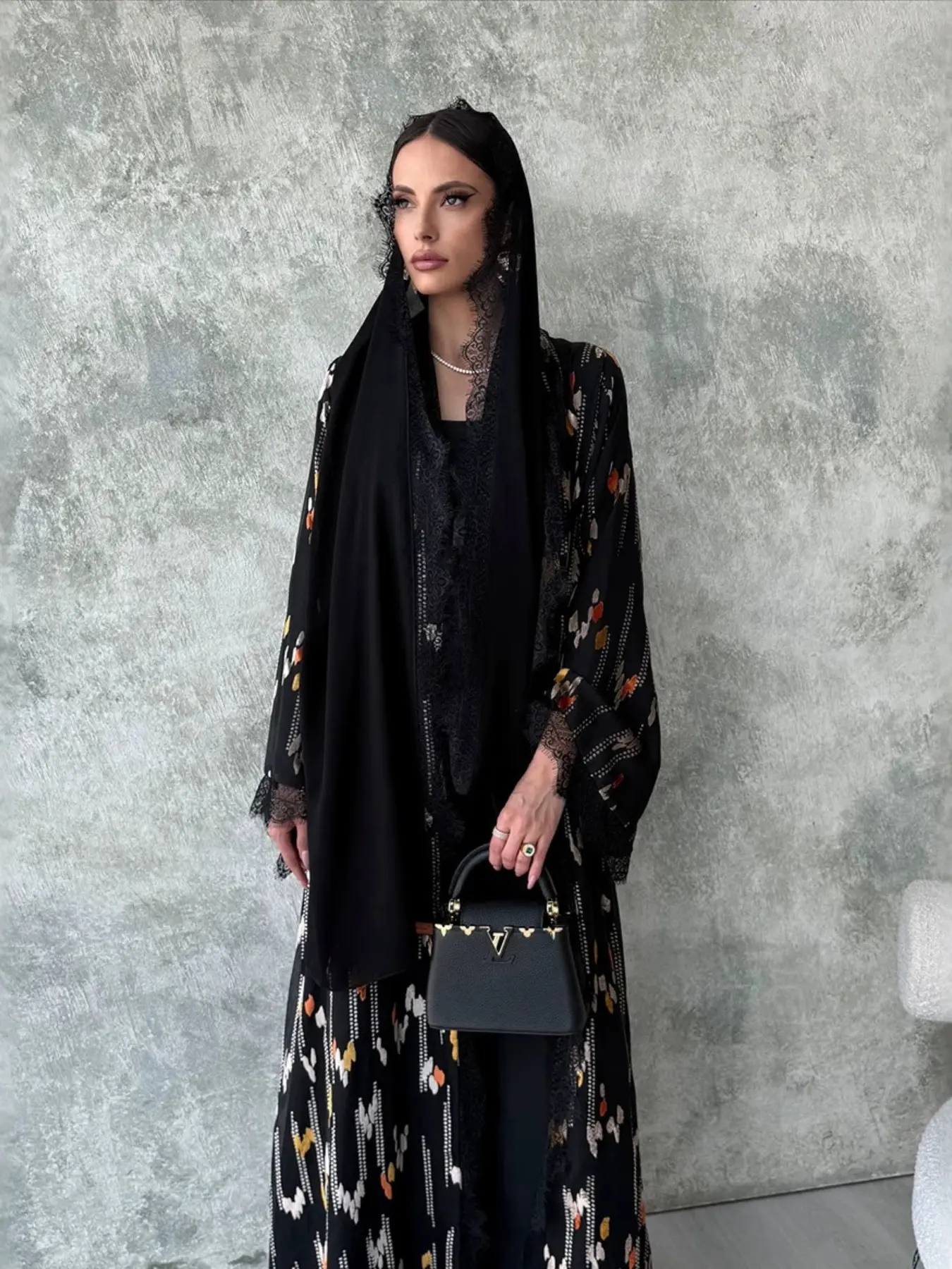 Women's Base Colorblock Print Lace Edge Long Cardigan Scarf Set, Loose-Fitting Aesthetic Fashion Outerwear for All Seasons, Matching