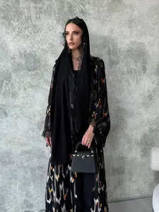Women's Base Colorblock Print Lace Edge Long Cardigan Scarf Set, Loose-Fitting Aesthetic Fashion Outerwear for All Seasons