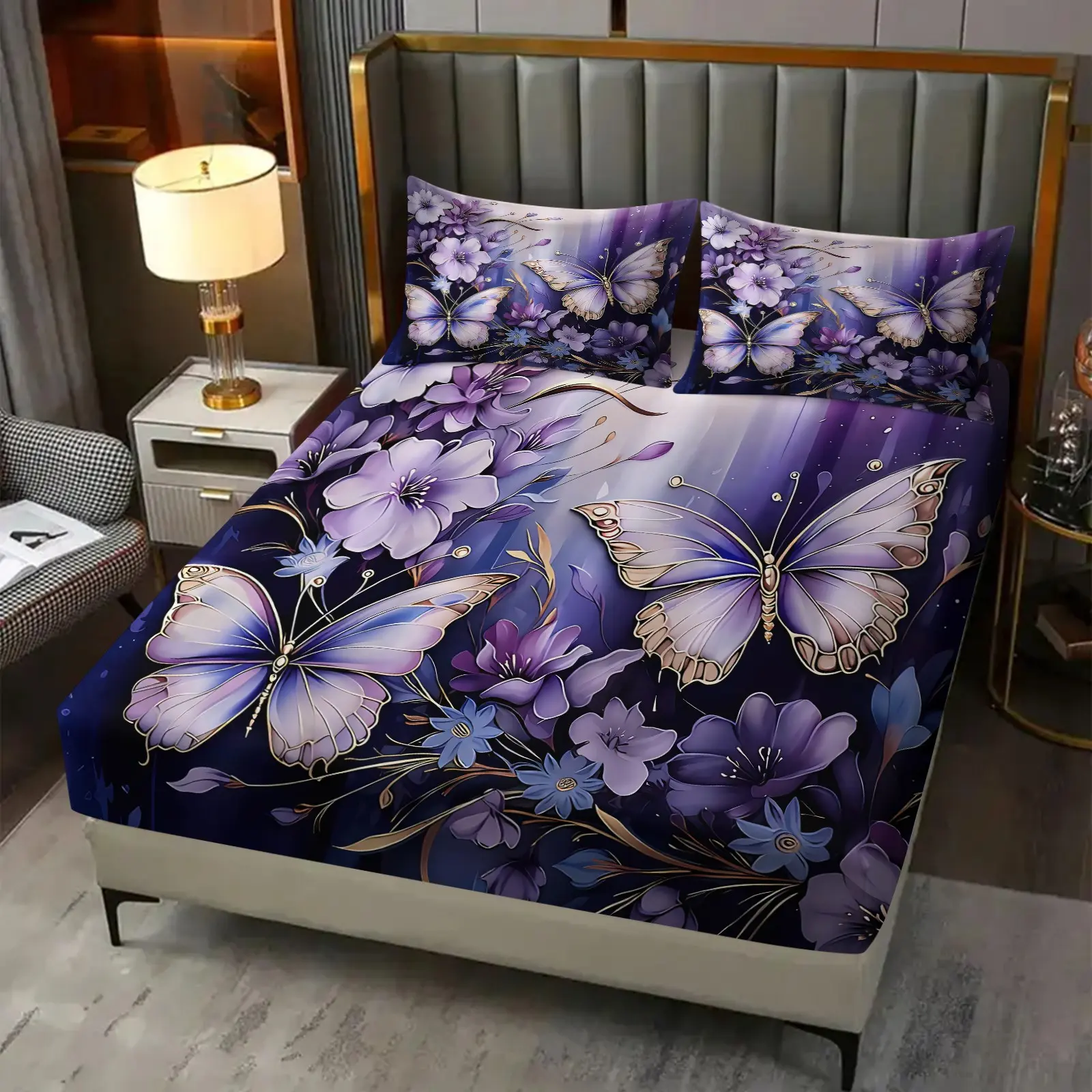 3pcs Purple Butterfly Printed Decorative Bedsheet Set, Butterfly Bedding Set, Breathable, Soft, Suitable for Deep Pocket Design, Durable and Tear Resistant Polyester, Birthday Gift, Suitable for Bedroom Hotel Decoration, (Includes 2 Pillowcases)