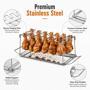 Stainless Steel Chicken Leg & Wing Rack with Drip Tray, Foldable BBQ Drumstick Holder for Grill, Smoker & Oven, Large Capacity Roasting Rack for Even Cooking, Less Mess Cleanup, Camping Picnic Backyard Barbecue Accessories