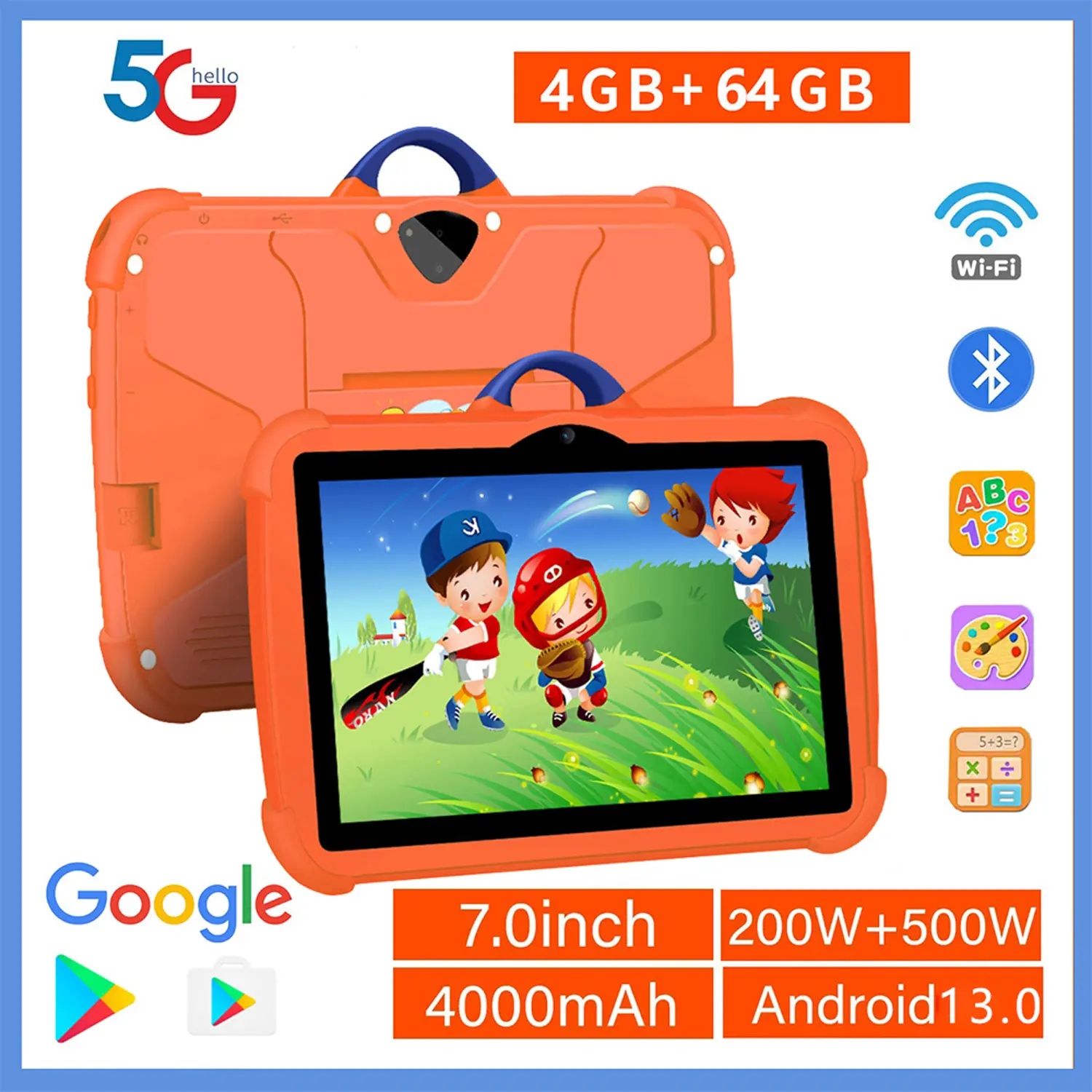 7 In 5G WiFi Android OS Tablet PC, Quad-Core Processor, 4GB RAM 64GB ROM, Kids Educational Learning & Game Device, Ideal Children's Gift, Android Electronic Tablet, Touchscreen
