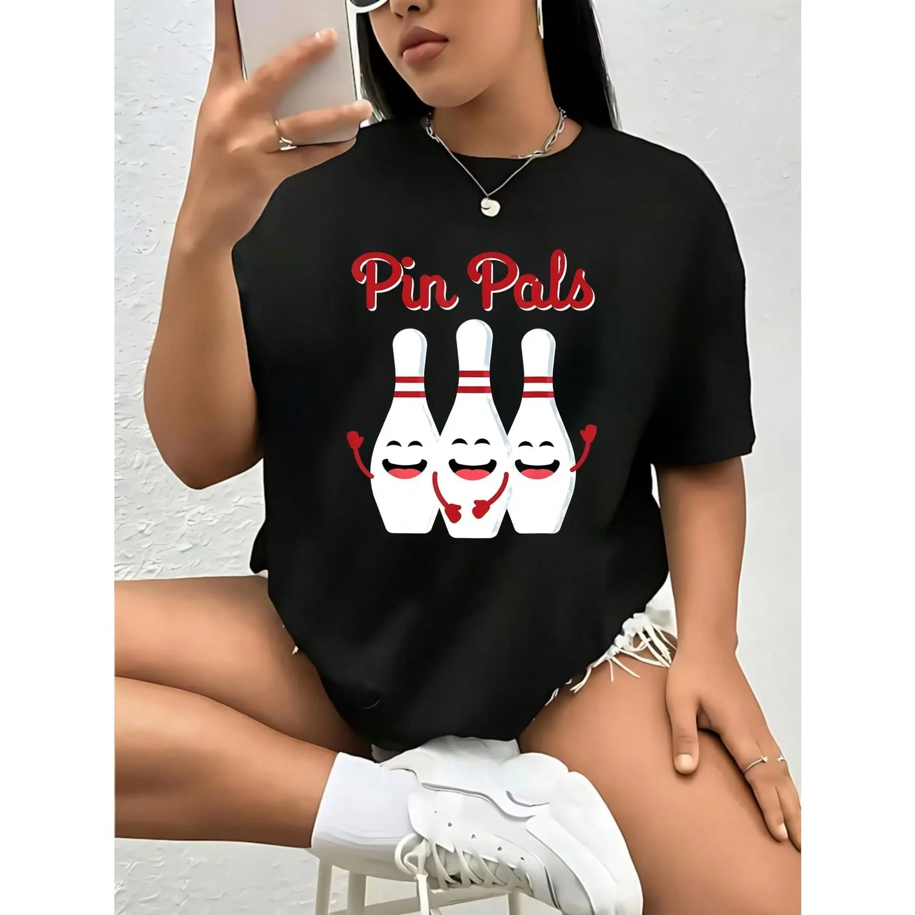 Pin Pals Cute Bowling Shirt For Men Women And Kids 1 Pcs Women's Plus Size T-Shirt Funny Oversized Graphic Short Sleeve Tee Novelty 100% Cotton Shirt Casual Crew Neck Top 220g