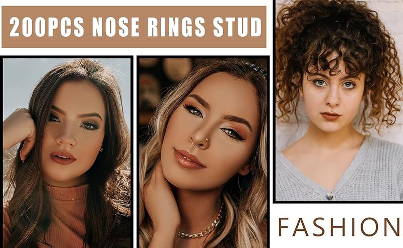 FIBO STEEL 200 Pcs 316L Stainless Steel Nose Ring Studs Set for Women Men Nose Hoops L Shaped Screw Bone Nose Studs Ring Nose Piercing Jewelry