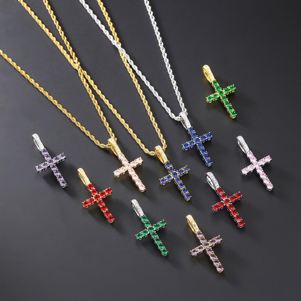Men's And Women's Diamond Zircon Cross Necklaces, Hip-hop Religious Style Pendants, Multi-color Fashion Accessories