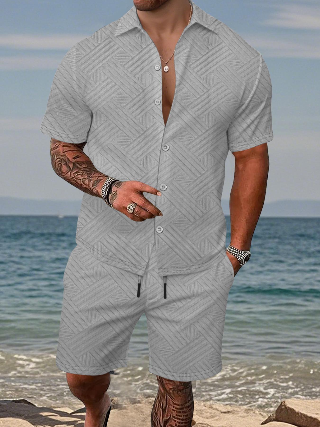 Men's 2-piece set:a short-sleeve button-up shirt paired with drawstring shorts. This summer outfit features a casual, Tropical textured diagonal stripe pattern, perfect for beach getaways, vacations, casual outings, and more—a men's stripe set.
