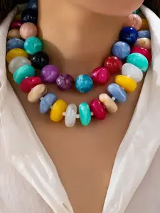 2Pcs Oversized Bold Mix Color Resin Ball Beaded Necklace for Women - Flat Disc Acrylic Beads Strand Choker, Summer Dopamine Colorful Beads Jewelry, Chunky Y2K Style Neckwear for Parties & Everyday