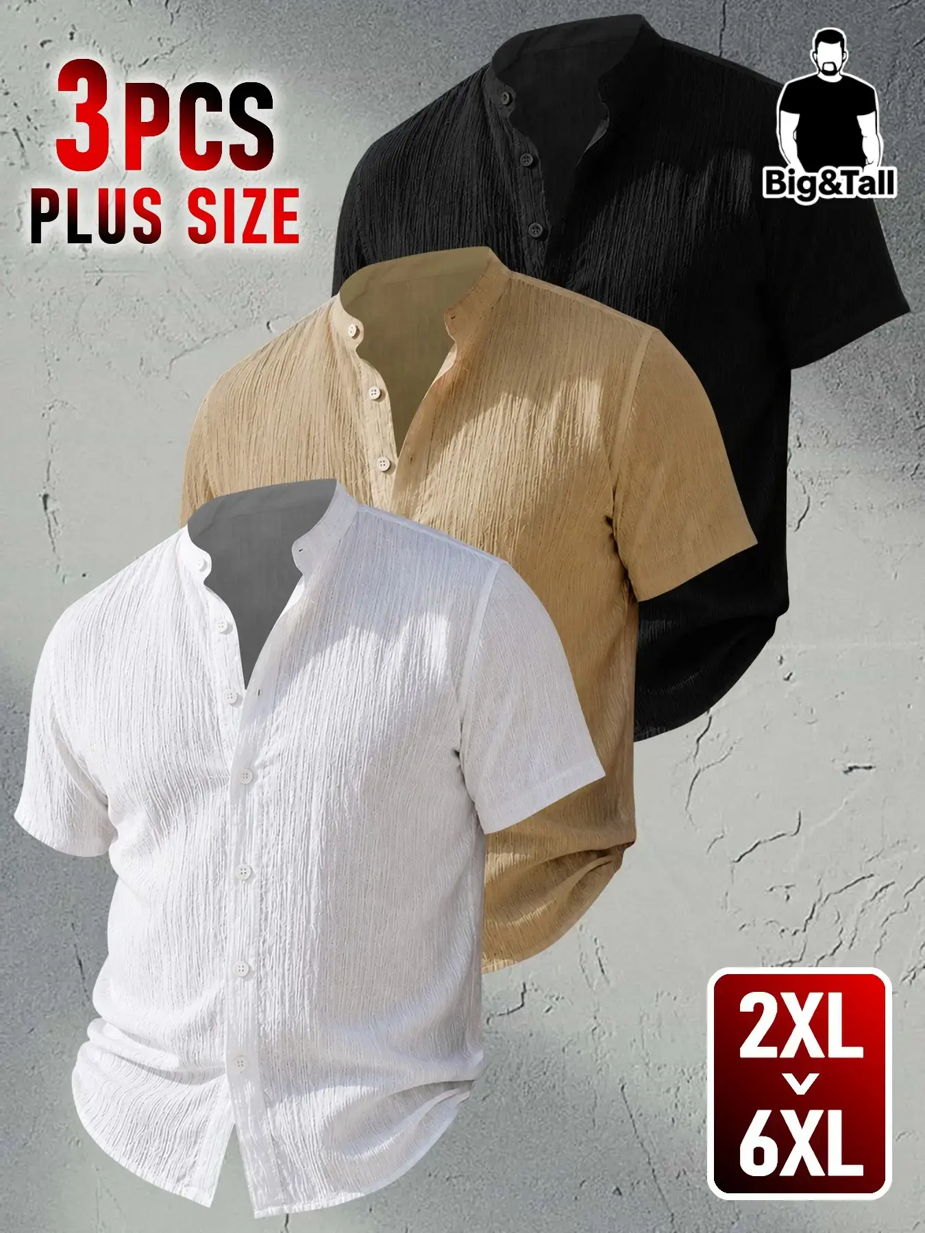 3pcs Men's Plus Size Summer Short Sleeve Shirts, Tropical Collared Shirt, Breathable Plain Solid Button Shirt, Casual Stand Collar Top, Beach Vacation & Daily Wear, Gift Idea