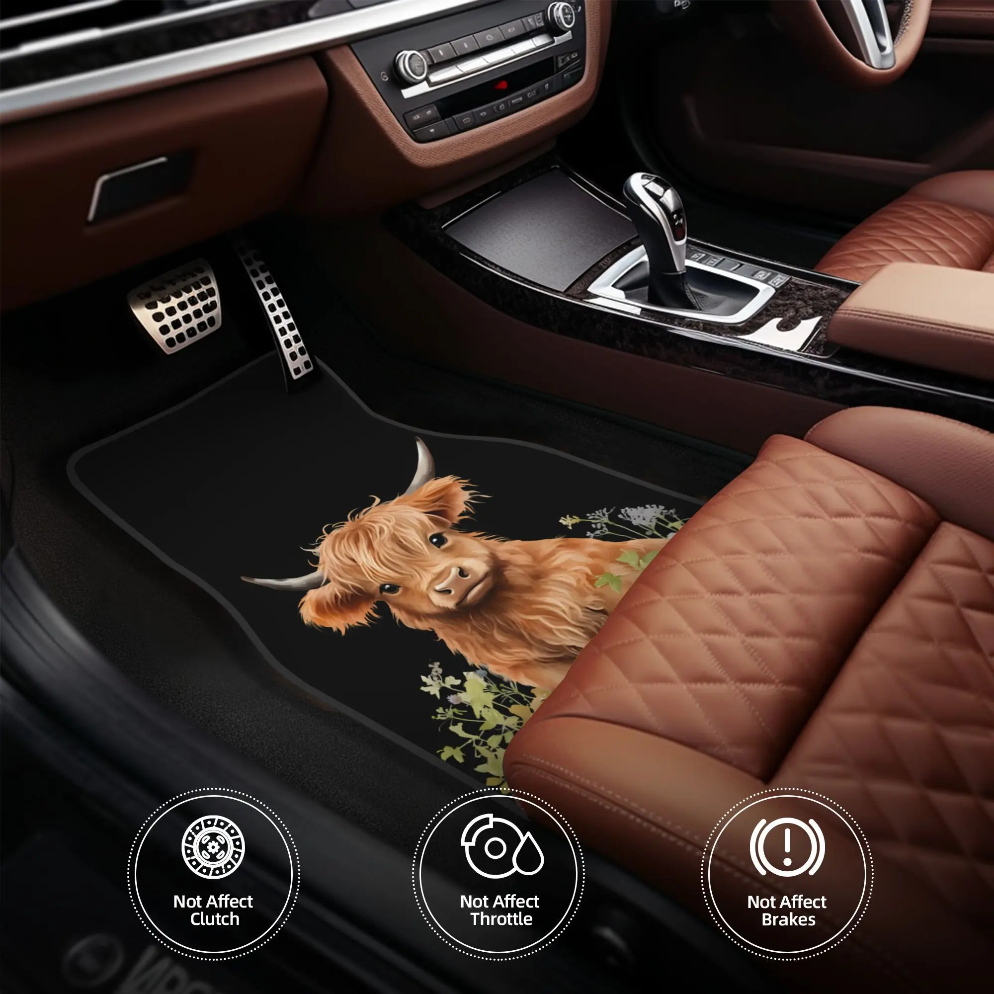 4-Piece Cute Highland Cow Polyester All-Weather Car Floor Mats, Non-Slip Protector Floor Mats, Universal Fit for Sedans-SUVs-Pickups, Full Front-Rear Seat Coverage, Easy Installation