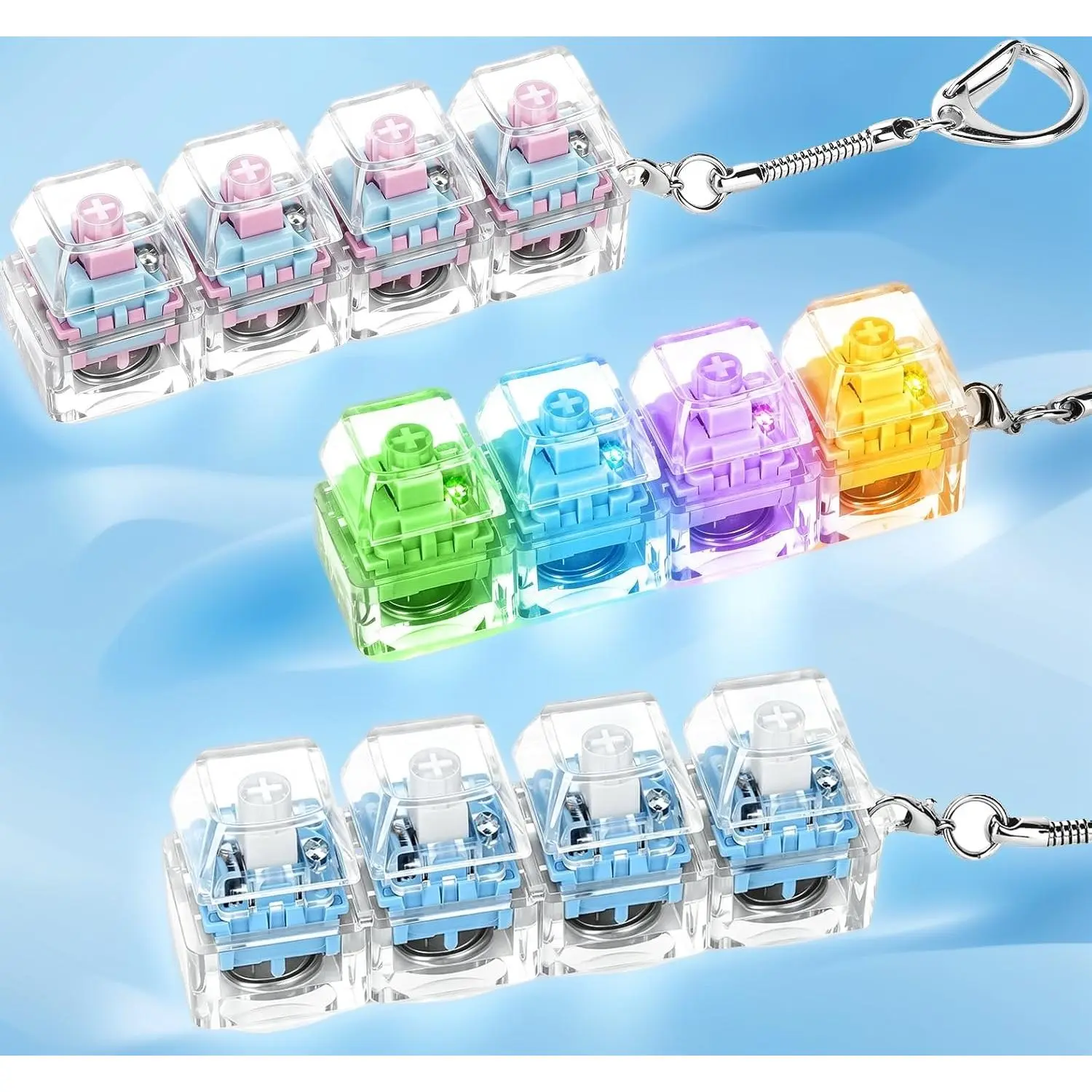 3PCS Silent Keyboard Fidget Toys with Removable Keycaps, Glowing ASMR Clicker Desk Fidgets for Anxiety & ADHD, Portable Stress Relief Toy with Lanyard, Blue/Pink/Green