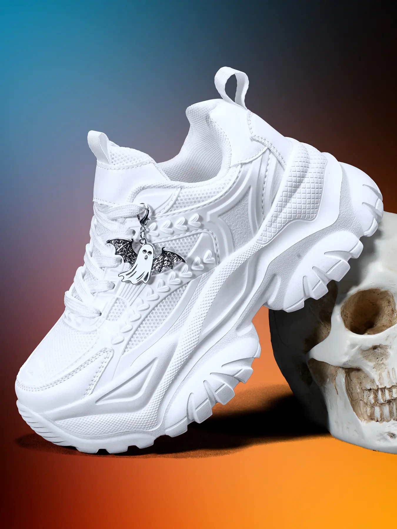 Women's Thick Sole Sneakers, Lightweight Eva, 7cm Heel Lift, Halloween Silver Ghost Charm, Casual Streetwear, All Seasons