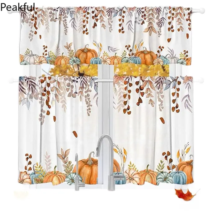 Thanksgiving Pumpkin Kitchen Valance Set Autumn Leaf Tiered Curtains Short Rod Pocket Window Cover Cozy Fall Cafe Room Decor