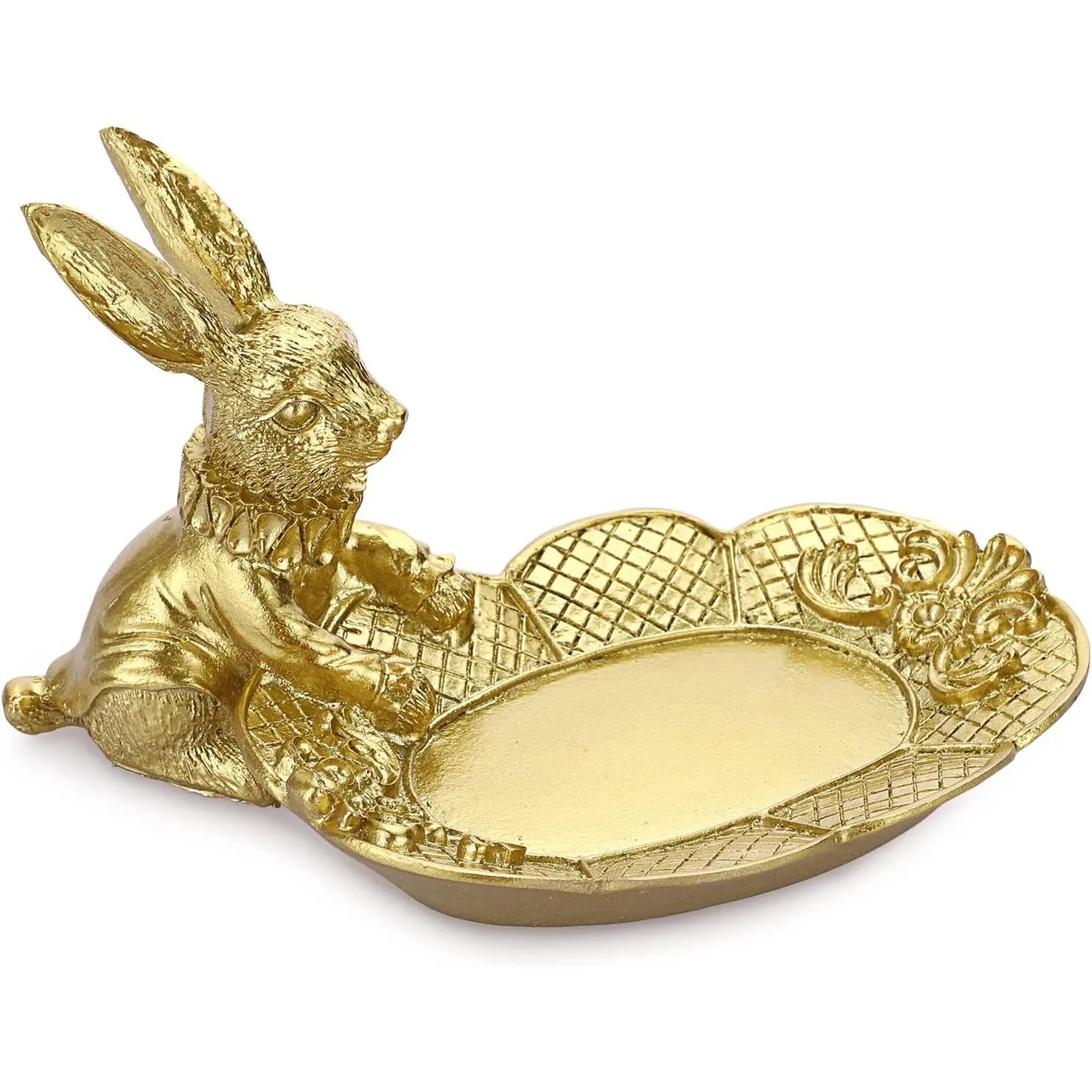 Golden Easter Bunny Figurine,  Ring Tray Trinket Holder Decorative Serving Tray Small  Statue Cute Ornament,  Sculpture Collectible Figurine  Decor
