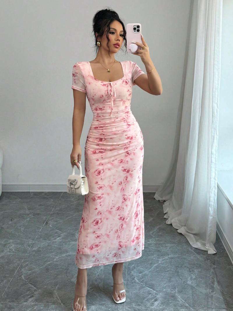 Women's Floral Print Dress, Elegant Dresses, Chic Elegant Aesthetic Short Sleeve Dress for Party Holiday Wedding Guest, Ladies Clothes for Summer, Womenswear