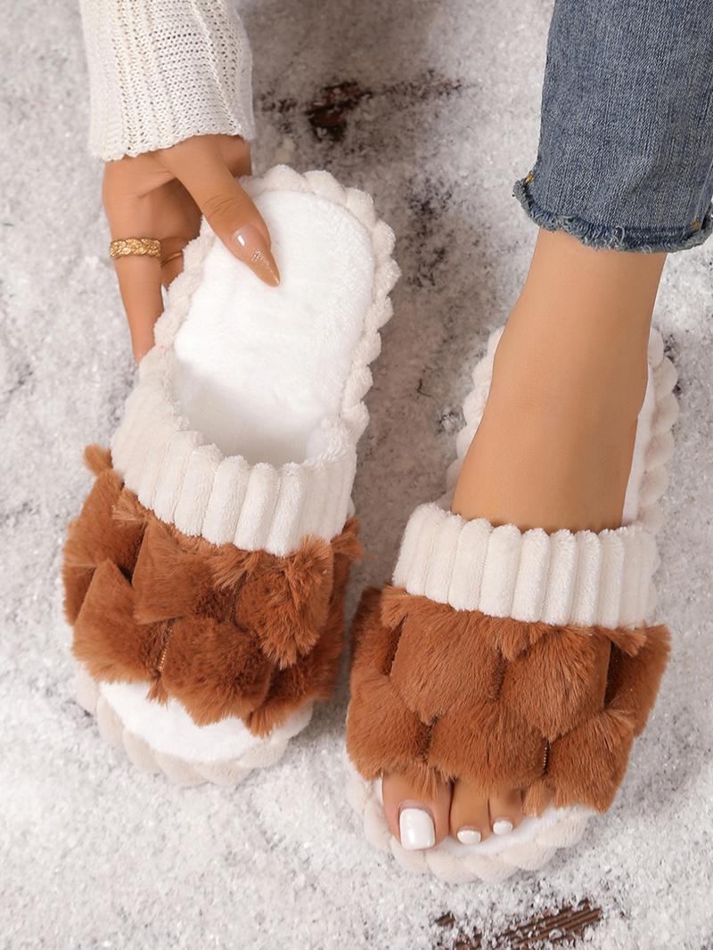 Women's Cute Plaid Design Fluffy Bedroom Fuzzy Warm Slippers, Trending Shoes, Casual Soft Comfortable Home Slippers, House Shoes, Gifts for Her, Non Slip Slippers for Women, Indoor Footwear