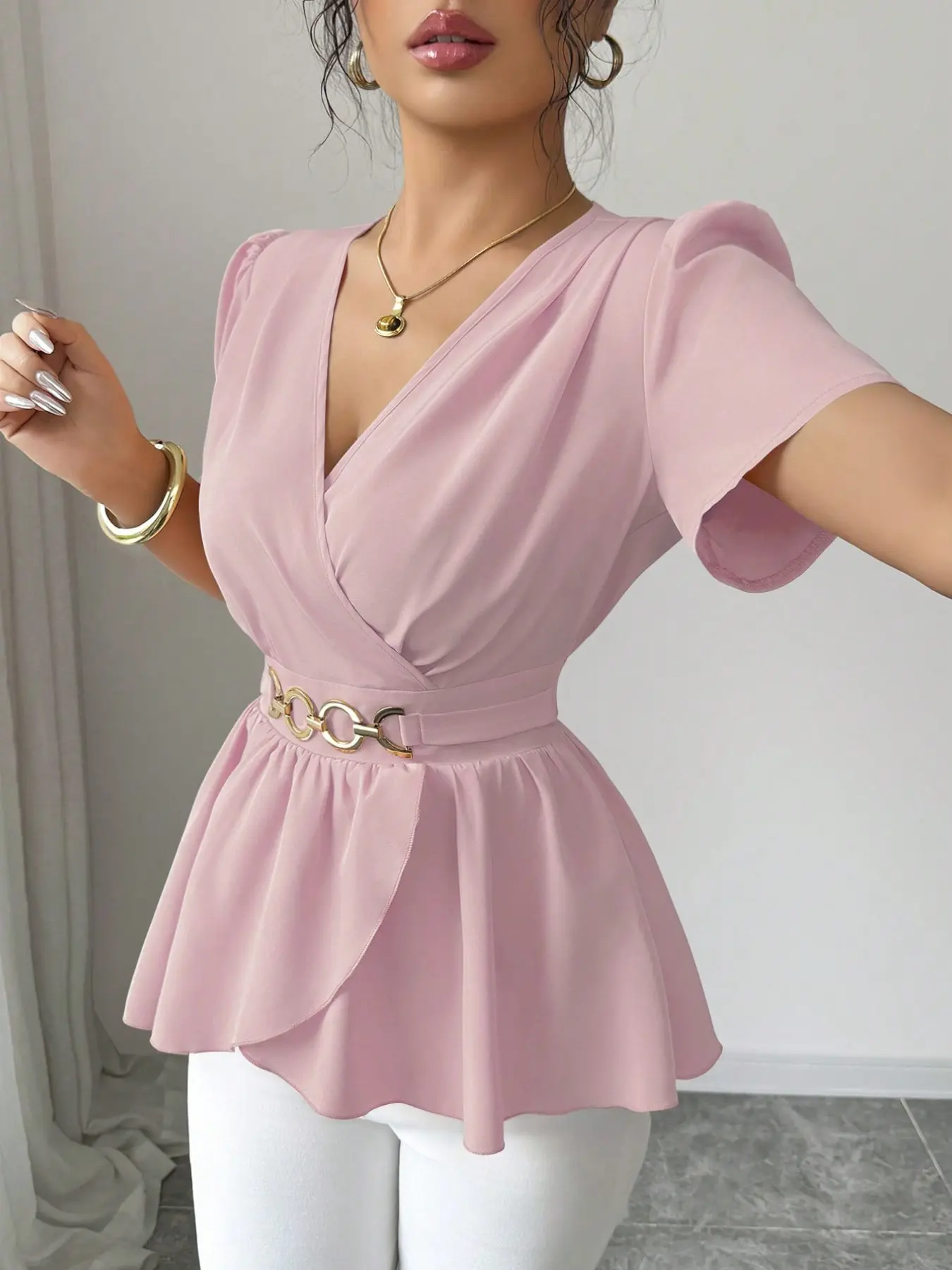French Cross V Neck Waist Cinch Ruffle Hem Shirt, Metal Button Belt Bubble Sleeve Slimming Chiffon Top, Elegant Women's Fashion Blouse
