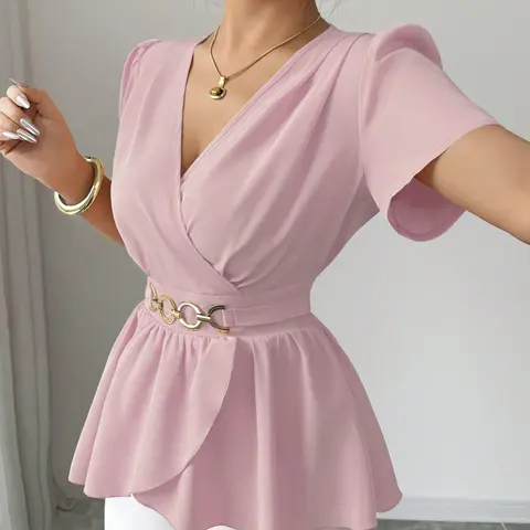Women's Elegant Chic Cross V-Neck Waist Cinched Chiffon Blouse, Bubble Sleeve, Metal Ring Belt, Ruffle Hem Slimming Top