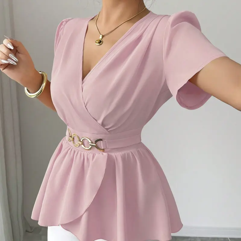 Women's Elegant Chic Cross V-Neck Waist Cinched Chiffon Blouse, Bubble Sleeve, Metal Ring Belt, Ruffle Hem Slimming Top