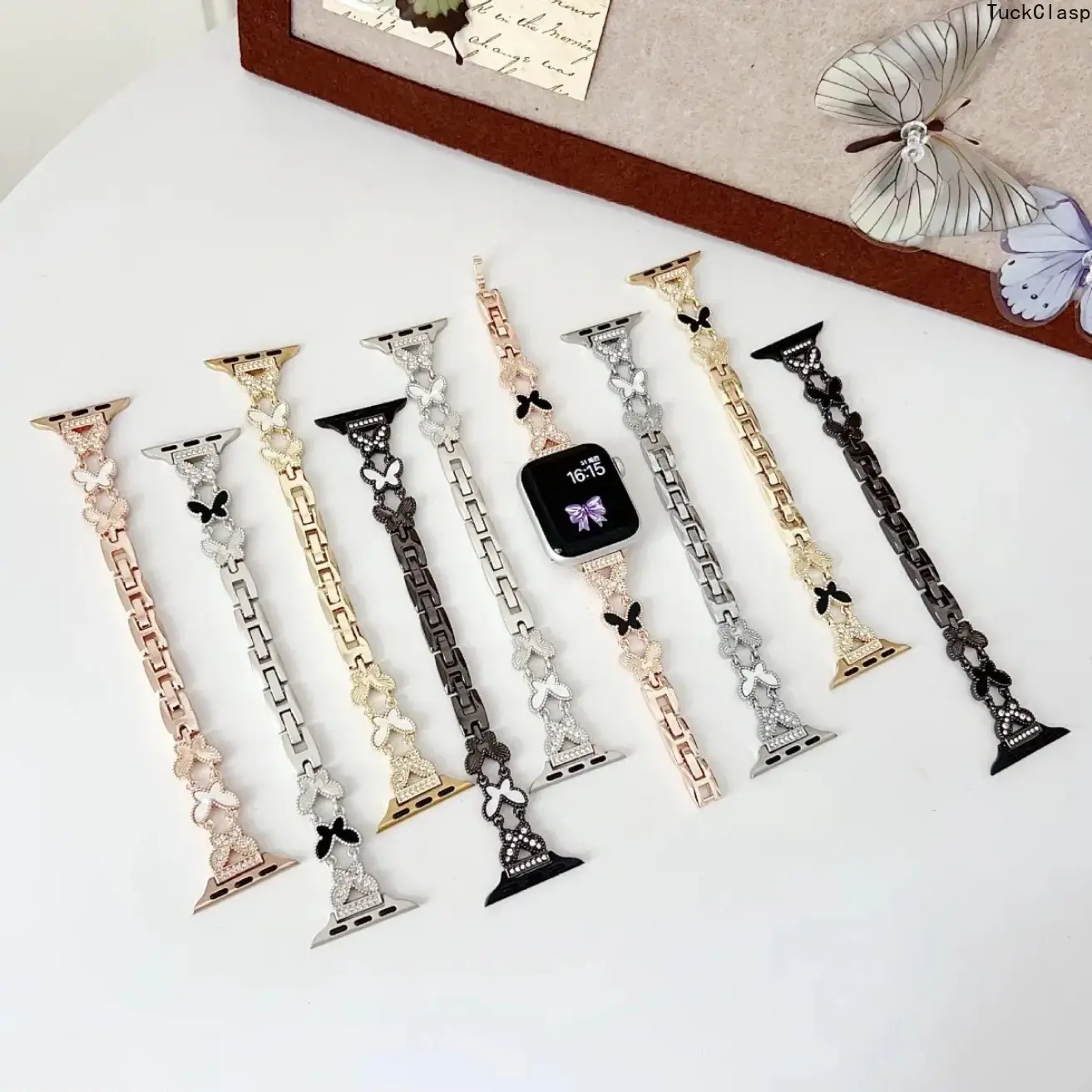 Butterfly Mother of Pearl Chain Watch Band Compatible with Apple Watch, Elegant Luxury Wrist Strap, Stylish Jewelry Accessory for Women, Suitable for Daily Casual, Dating, Party & Formal Wear (No Watch)