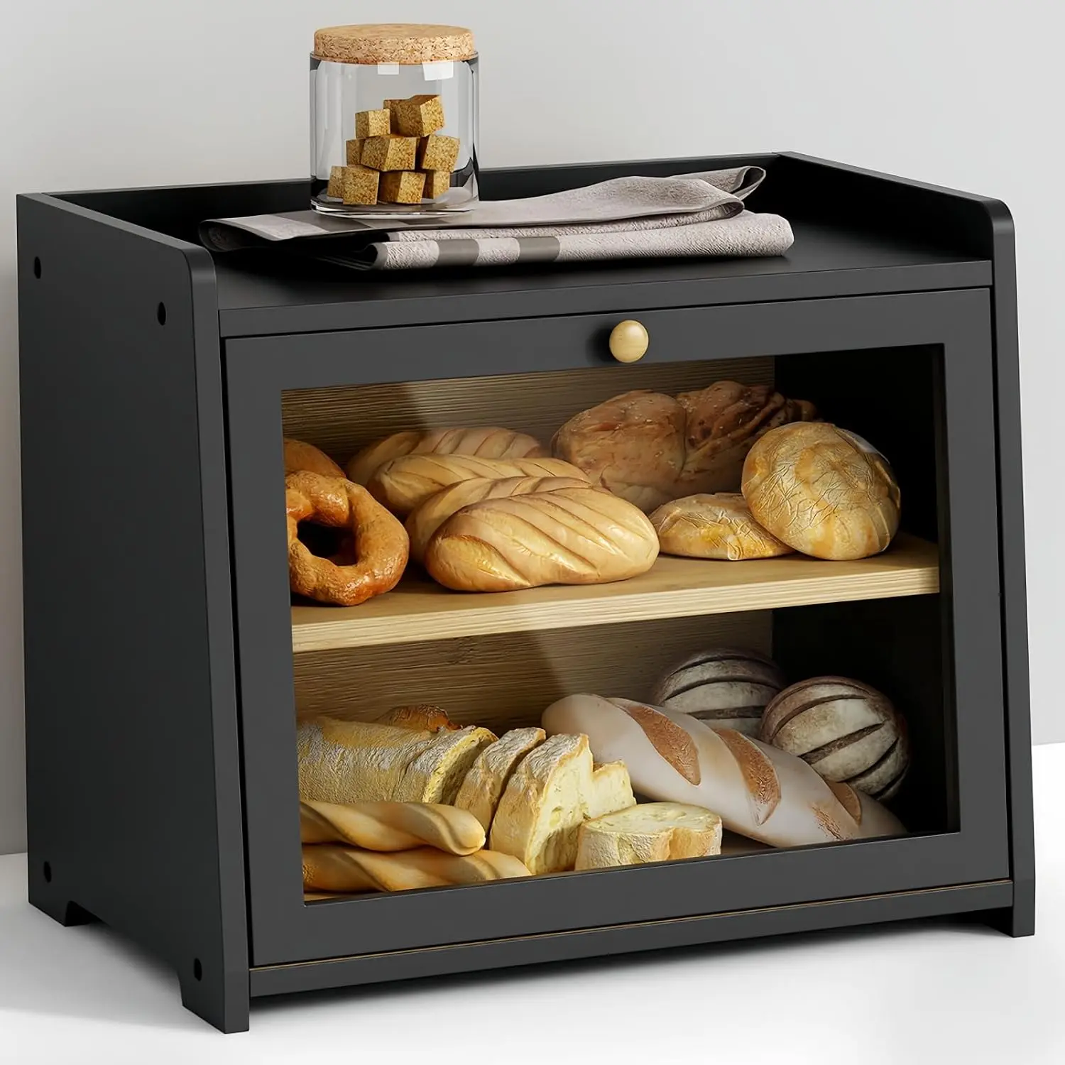 2 Tier Bread Box for Kitchen Countertop Black, Double Layer Breadbox for Counter Top, Large Wood Vintage Bread Storage Container for Homemade Bread, Corner, Under Cabinet, Pantry