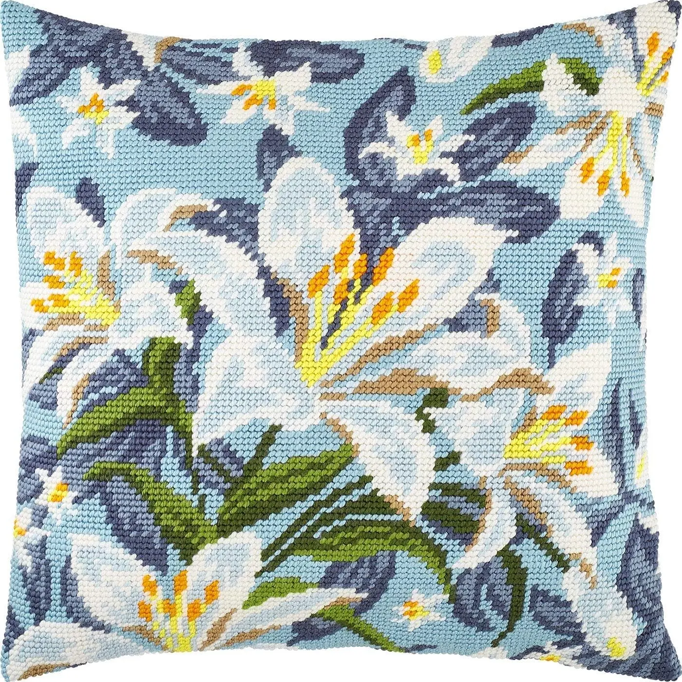 Floral Needlepoint Kit for Adults and Beginners — White Lilies 16″ × 16″ with Clear, Precise Printed Design on Cotton Canvas; Includes 2 Needles, Yarn, and Easy-Read Chart