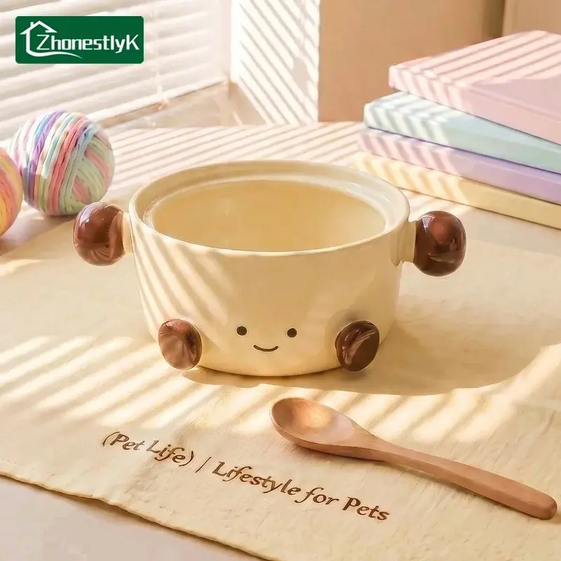Korean Style Ceramic Instant Noodle Bowl with Lid Cute Round Ball Chubby Footed Anti-Scald Soup Bowl Kitchen Tableware