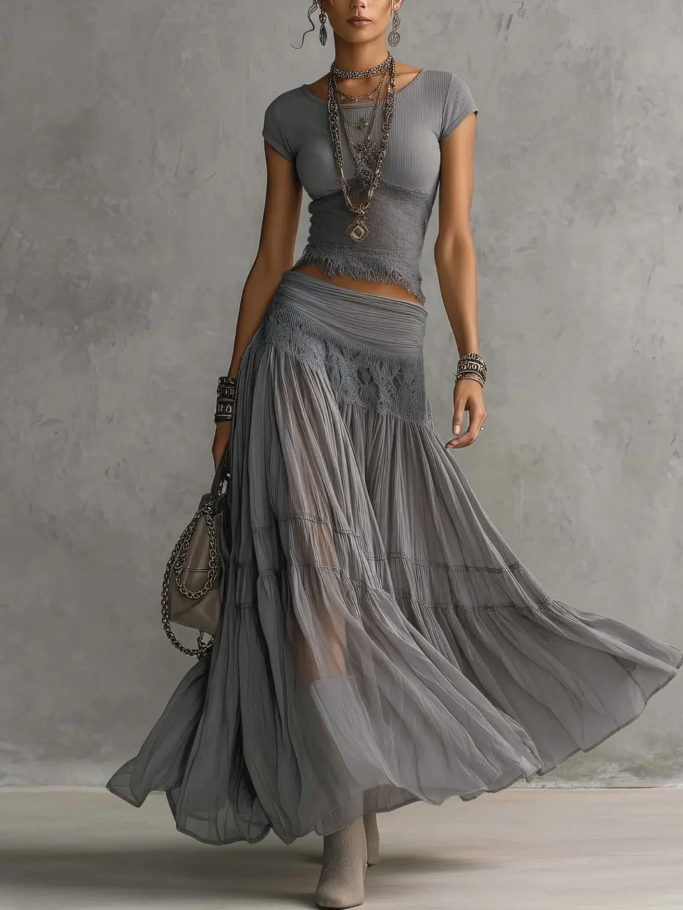 2026 Fall New European Style Solid Color Knit Top and Chiffon Long Skirt Set, Fashion Flowy Two-Piece, Lace Trim Short Sleeve Top and Midi Skirt Set, Chic