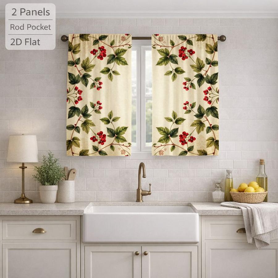 2Pcs Vintage Botanical Berry Leaf Pattern Sun Blocking Curtains Digital Printed Rod Pocket for Bedroom Office Kitchen Living Room Study Home Decor Multiple Sizes Soft Light Filter Easy Installation