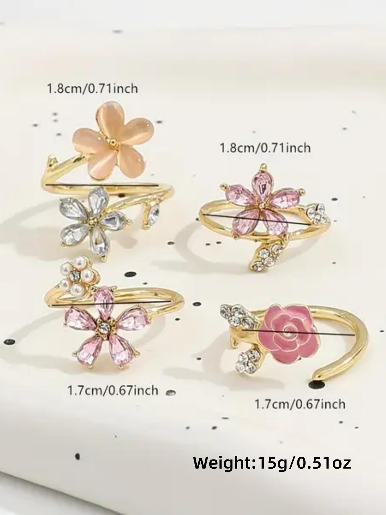 Elegant 4-Piece Rhinestone & Faux Pearl Studded Rings, Floral Design, Perfect Gift for Her, Stylish Jewelry Accessories
