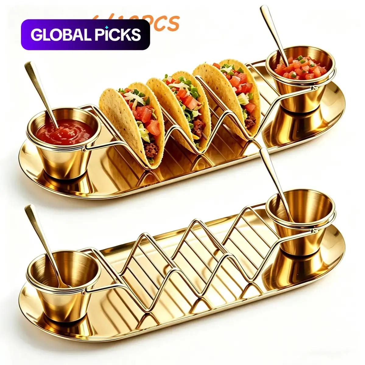 6/12pcs Luxurious Taco Accessories, Durable Stainless Steel Taco Holder Tray, Sauce Cup & Seasoning Spoon, Party Utensil, Cooking Accessories, Durable Kitchenware, Nice Gift Set #GLOBAL PICKS