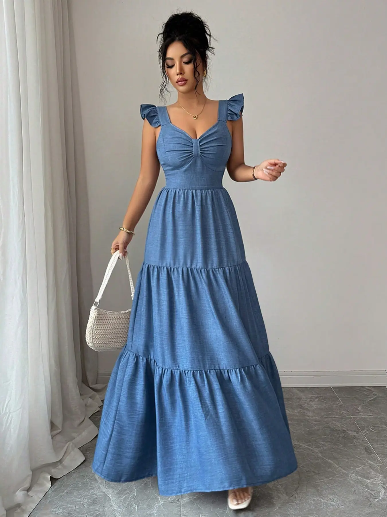 Women's Solid Color Long Dress, Elastic Waistband Patchwork Slim Fit, Fashionable, Chic, Elegant and Casual, Suitable for Daily Commute, Dining, Dating, Spring and Summer
