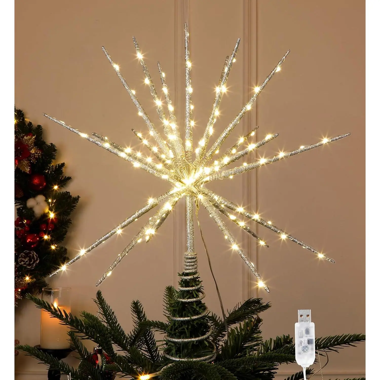15-Inch Starburst Christmas Tree Topper with 150 LEDs & Remote,  | USB  with Auto Timer, Fits Trees Up to 9FT, Multiple Lighting Modes Create a  Glow