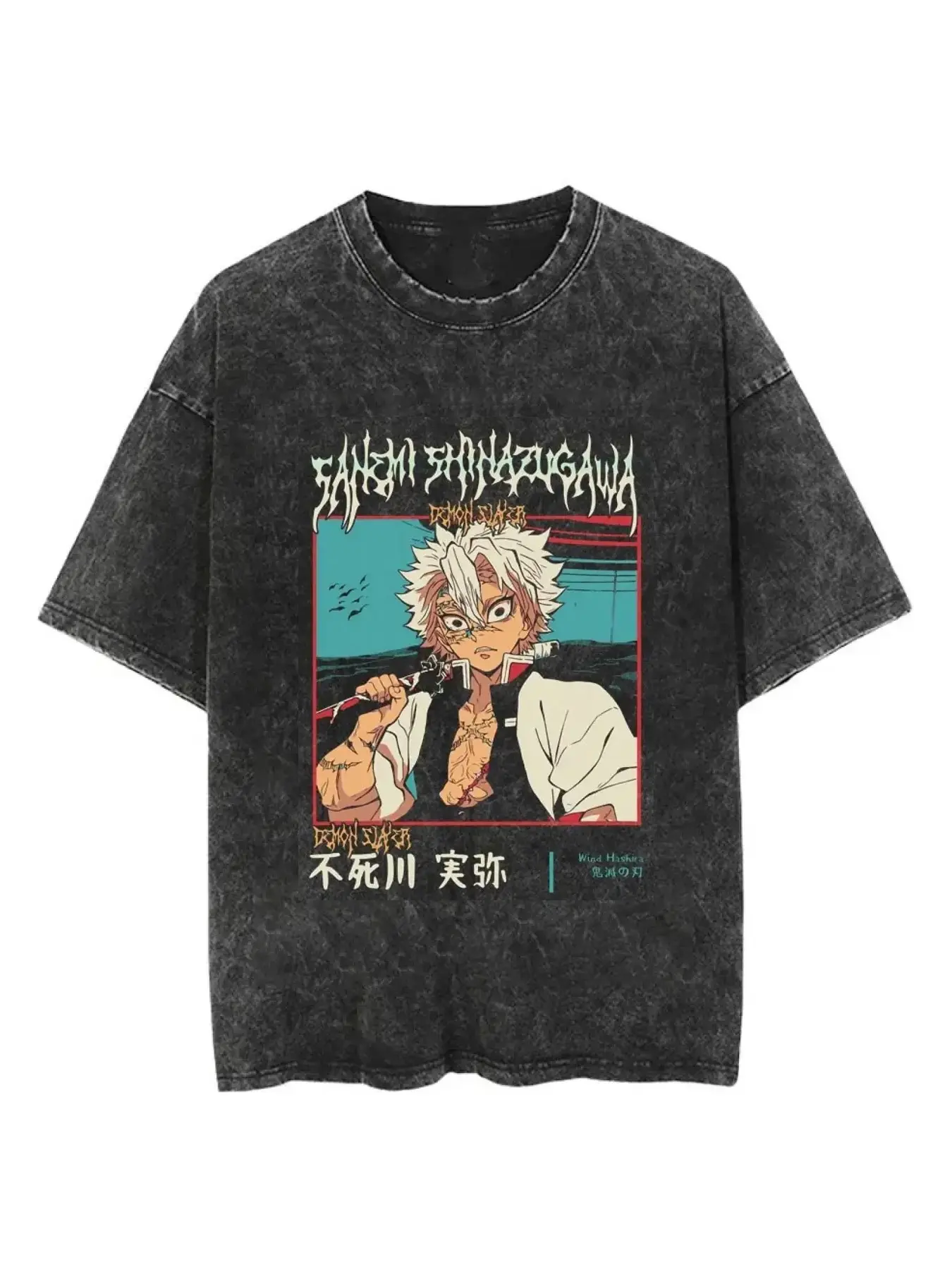 Sanemi Shinazugawa Retro Washed Wind Breathing Hashira Oversized Tee, Vintage Anime Graphic T-Shirt, Casual Style Tee, Grunge, Streetwear, Summer Short Sleeve, Sports Shirt