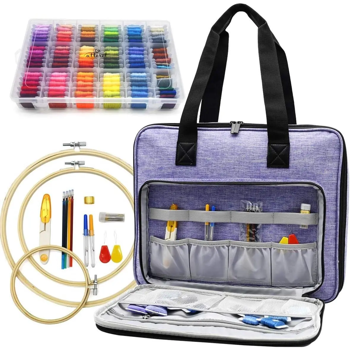 Full Range Embroidery and Cross Stitch Starter Kit with Premium Storage Organizer Bag, Includes 99 DMC Coded Cotton Threads, 9 Metallic Floss, 3 Hoops, Needles, Scissors + More (Purple)