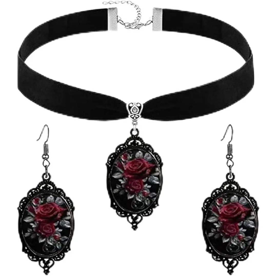 Gothic Rose Flower Necklace Earring Set for Women,  Cameo Glass Necklaces Earrings Punk Dark Victorian Roses Flower  Black  Choker Halloween  Accessories