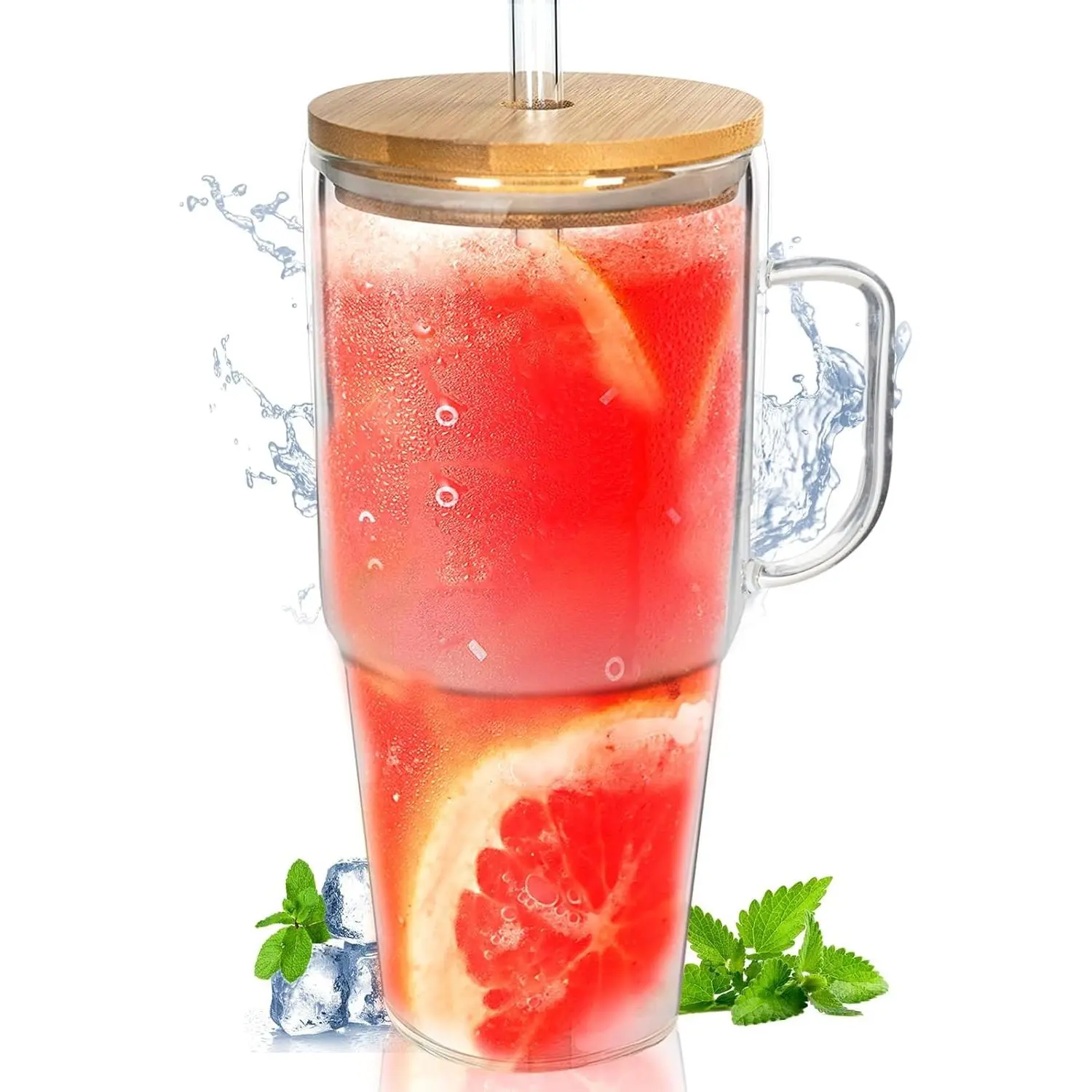 Glass Cups with Lids and Straws - 40 Oz Tumbler with Handle and Straw Glass Water Bottles Drinking Glasses with Straws Iced Coffee Cups Travel Coffee Mug Smoothie Tumbler
