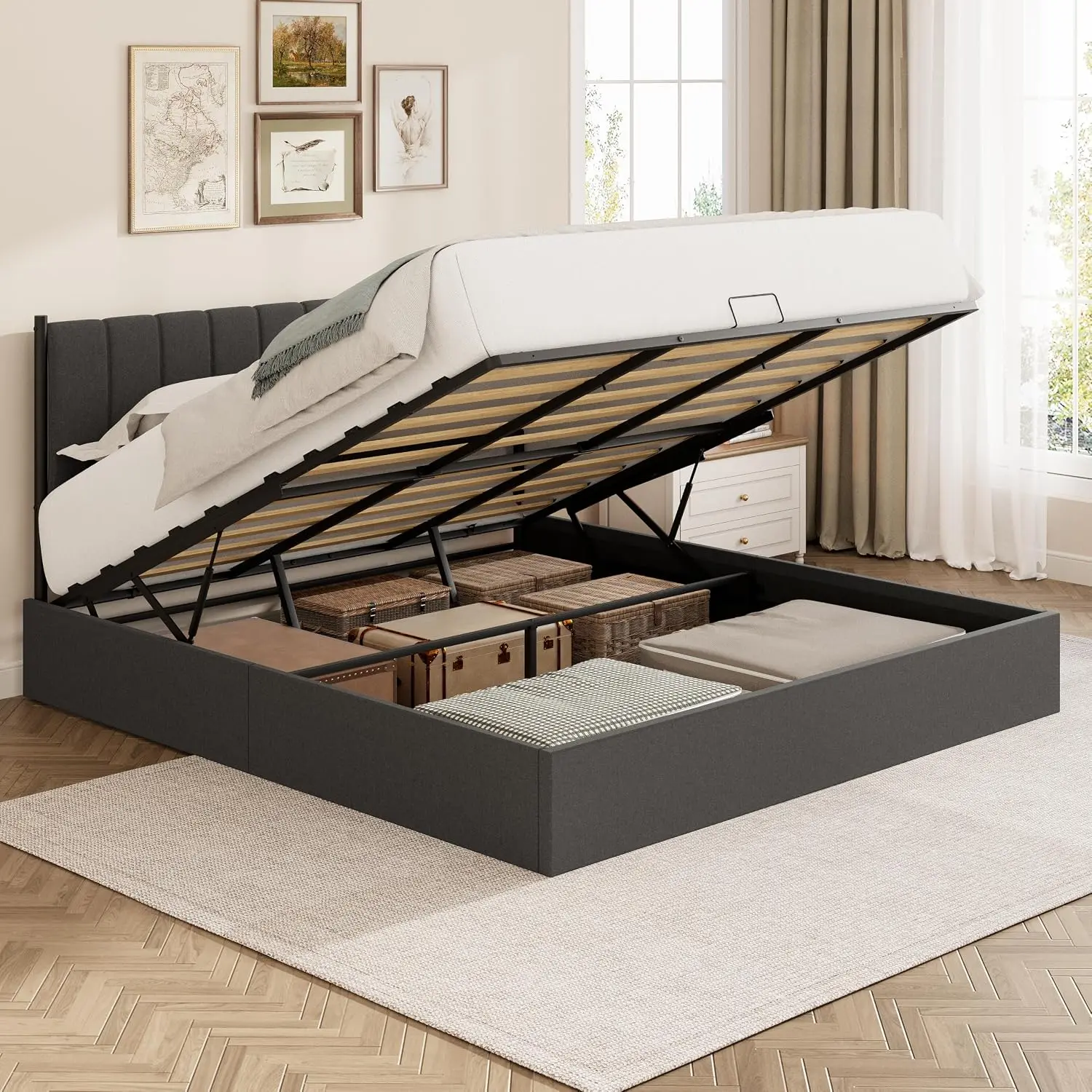 King Size Lift Up Storage Bed Frame, Linen Upholstered Platform Bed with Vertical Channel Headboard, Hydraulic System with Handle, Wood Slats Support, No Box Spring Needed