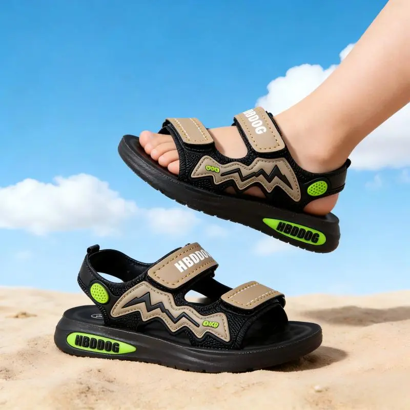 Kids' Anti-Slip Soft-Soled Graphical Print Sandals, Hook Fasteners, Mid-Large Child Students' Outdoors Casual Comfortable All-Match Beach Shoes for Boys and Girls, Anti-Slip Sole, Children Sandals