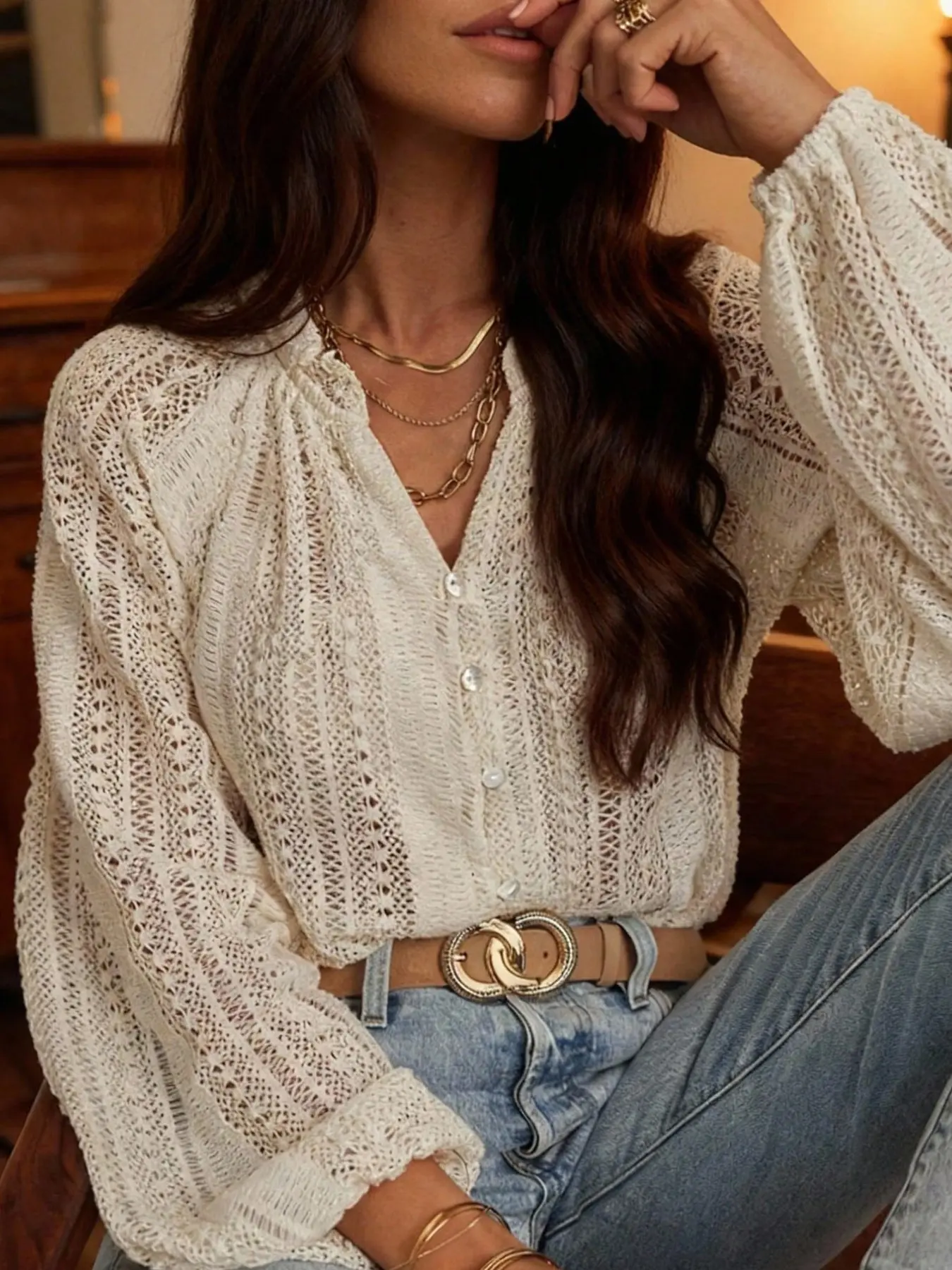 Plus Size Blouse, French Loose Fit Casual Shirt, Lace Cutout Design, V Neck Bubble Sleeve, Versatile Fall