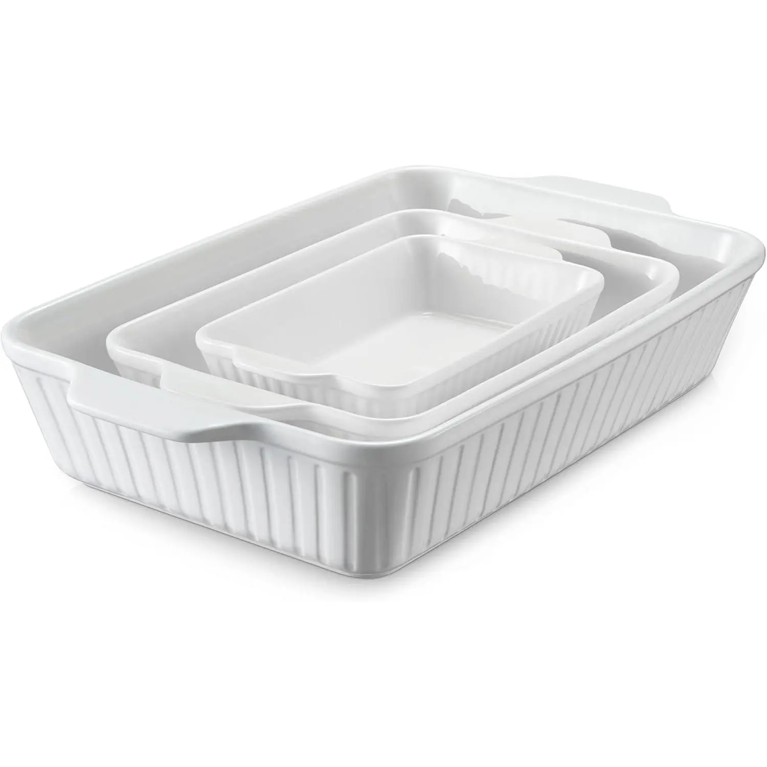 Casserole Dishes for Oven, Baking Dishes Set, Ceramic Bakeware Sets of 3, Lasagna Pan Deep, Rectangular Baking Pan Set with Handles for Baking, Casserole, Kitchen, Wedding , Soft White (15.6''/12.2''/8.9'')