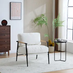 [Bellemave]  27.56" Modern Accent Chair with Plush Cushions, Minimalist Metal Frame, and Wooden Armrest Design – Perfect for Cozy Living Room, Bedroom, or Office Seating