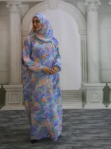 Muslim Women's Scarf-Style Ditsy Floral Prayer Dress, Modest Islamic Clothing, Long Loose-Fitting Comfortable Print One-Piece, All Seasons Top with Zipper, Muslim Dresses