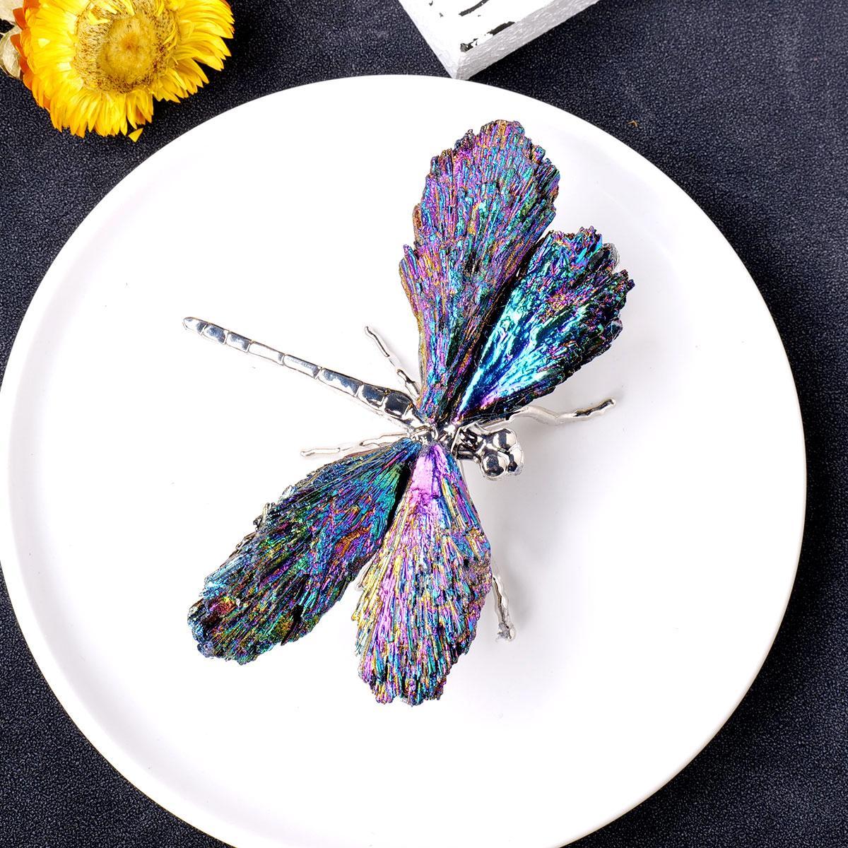 Natural Crystal Stone Electroplating Colorful Tourmaline Flame Feather, 1 Count DIY Dragonfly Animal Divination Decoration, Home Decoration, Crystal Butterfly