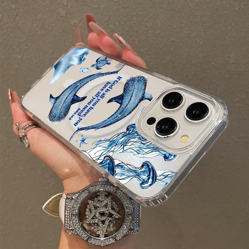 Soft Girl Magnetic Case Suitable for IPhone11/12/13/14/15/16/promax, Ocean Whale Shark Collage Lightweight, Drop-Proof, MagSafe Compatible | Perfect for Teen Girls